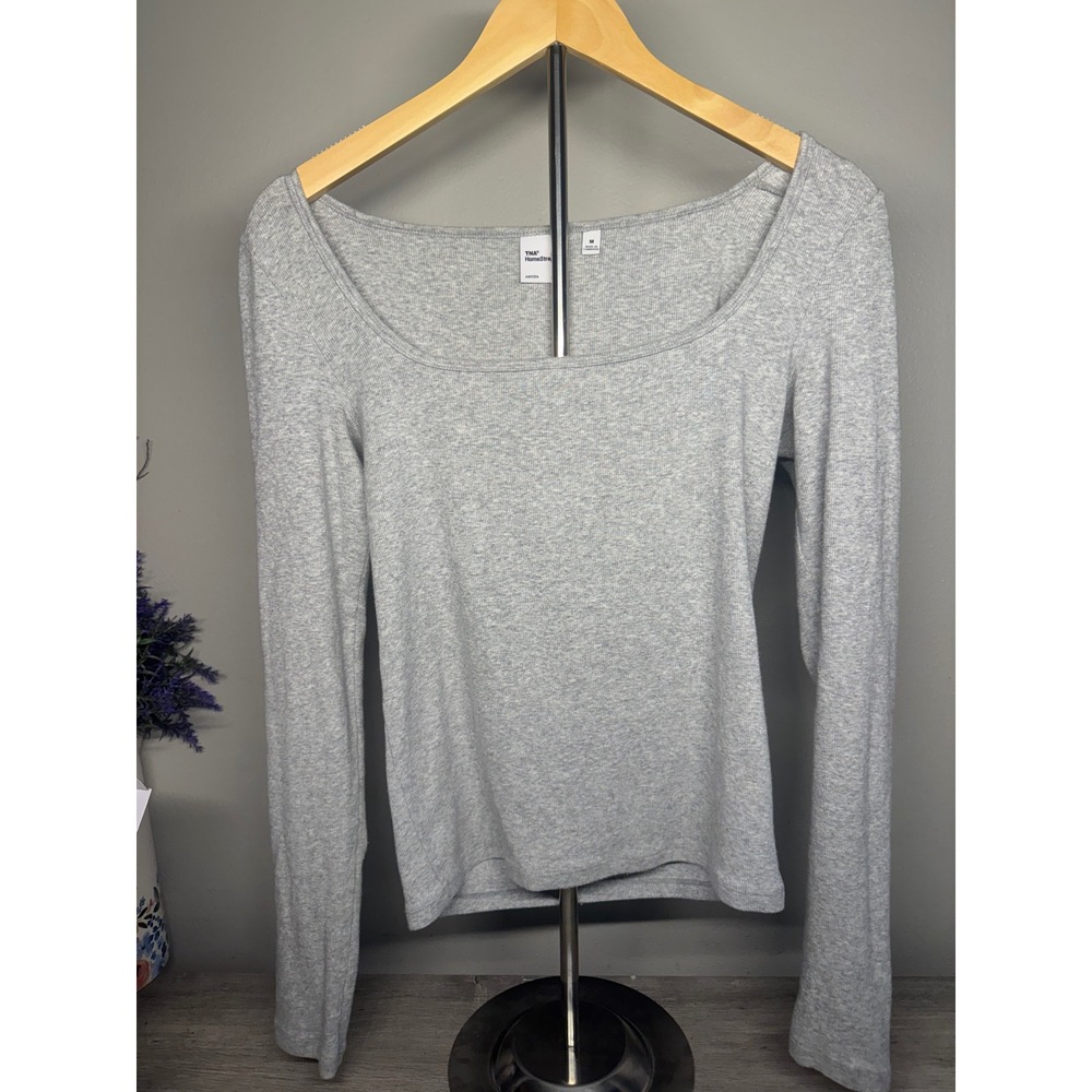 Aritzia TNA HomeStretch Square Neck Ribbed Long Sleeve Top Heather Grey Medium